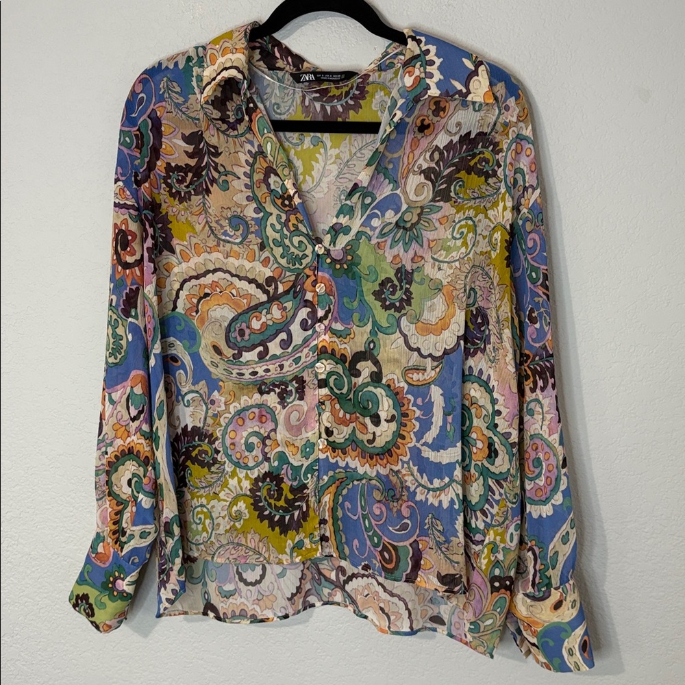 Zara Paisley Print Soeeve Print Boho Semi Sheer Long Sleeve Shirt S - Picture 2 of 6